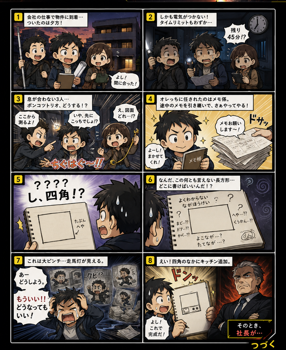 会社の仕事で物件計測に行った3人が、暗い部屋と分かりにくい図面に振り回される実体験ベースの漫画
